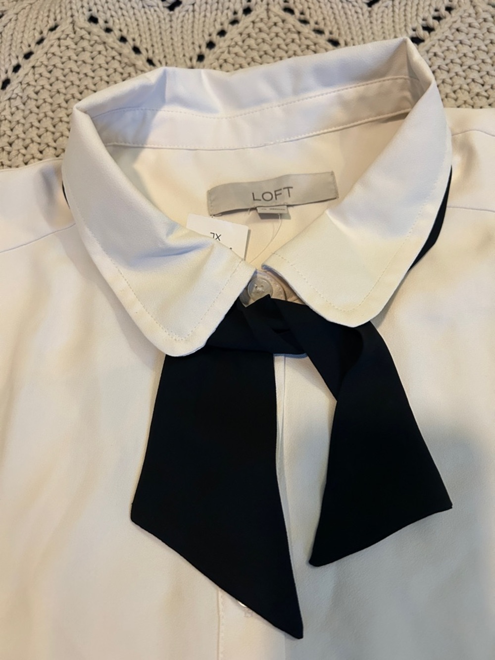 LOFT Cream Button Down Blouse with Black Tie Nevk Sz XL NWT - Picture 2 of 8